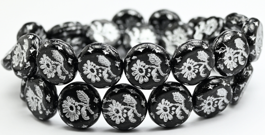 Round Flat With Flower Marguerite Pressed Glass Beads, Black Silver Lined (23980-54201), Glass, Czech Republic ~ STRANDED