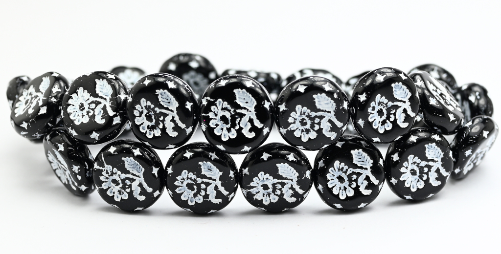 Round Flat With Flower Marguerite Pressed Glass Beads, Black White Lined (23980-46401), Glass, Czech Republic ~ STRANDED