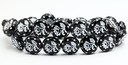 Round Flat With Flower Marguerite Pressed Glass Beads, Black White Lined (23980-46401), Glass, Czech Republic ~ STRANDED