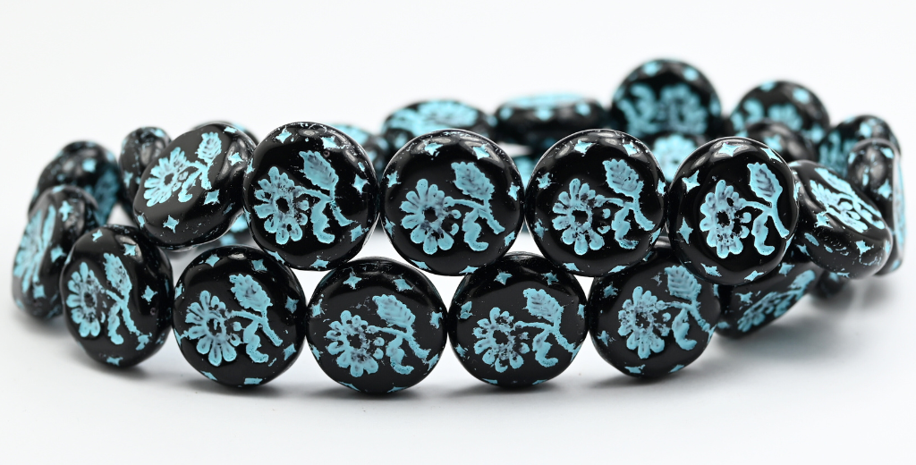 Round Flat With Flower Marguerite Pressed Glass Beads, Black Light Blue Lined (23980-54308), Glass, Czech Republic ~ STRANDED