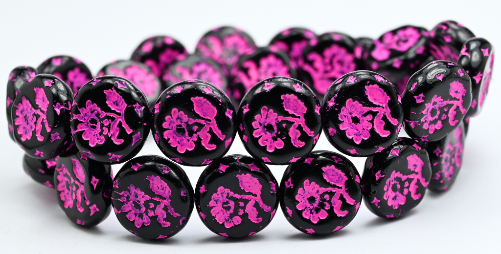 Round Flat With Flower Marguerite Pressed Glass Beads, Black Pink Lined (23980-46470), Glass, Czech Republic ~ STRANDED