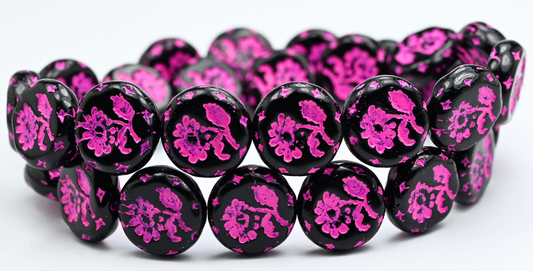 OUTLET 10 grams Round Flat With Flower Marguerite Pressed Glass Beads, 18 x 18 mm, Black Pink Lined (23980-46470), Glass, Czech Republic