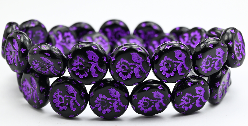 Round Flat With Flower Marguerite Pressed Glass Beads, Black Purple Lined (23980-46420), Glass, Czech Republic ~ STRANDED