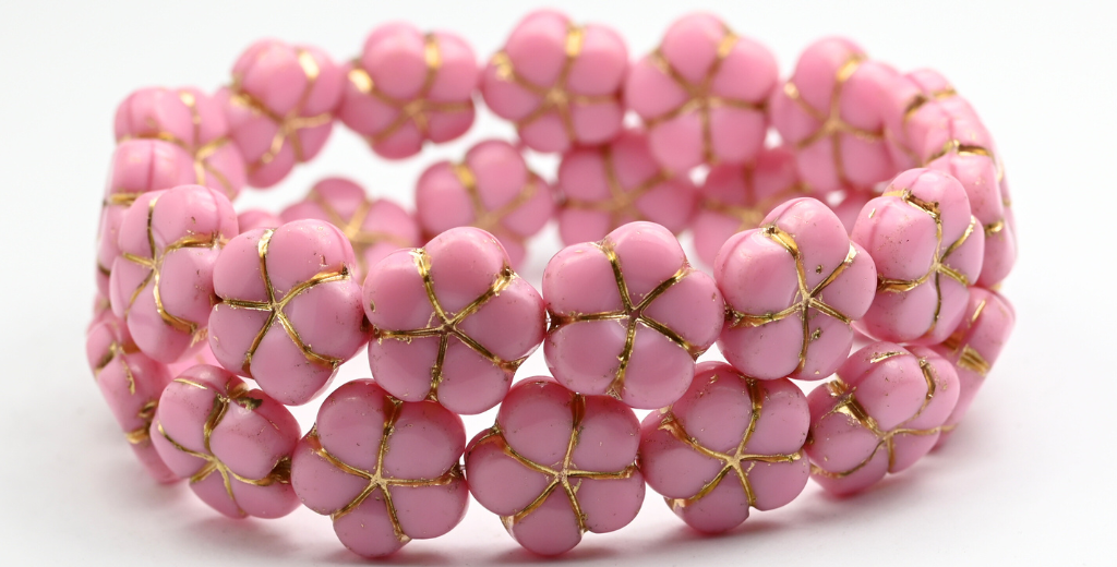 5-Petal Flower Pressed Beads, Opaque Pink Gold Lined (74010-54202), Glass, Czech Republic ~ STRANDED