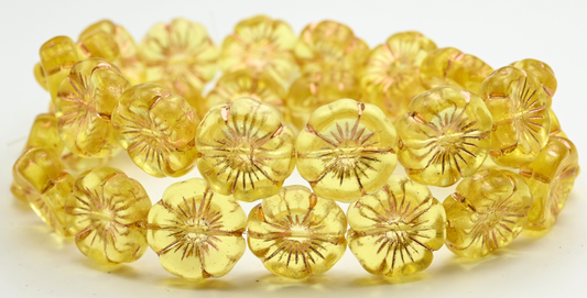 Hawaii Flower Pressed Glass Beads, Transparent Yellow Copper Lined (80120-54200), Glass, Czech Republic ~ STRANDED