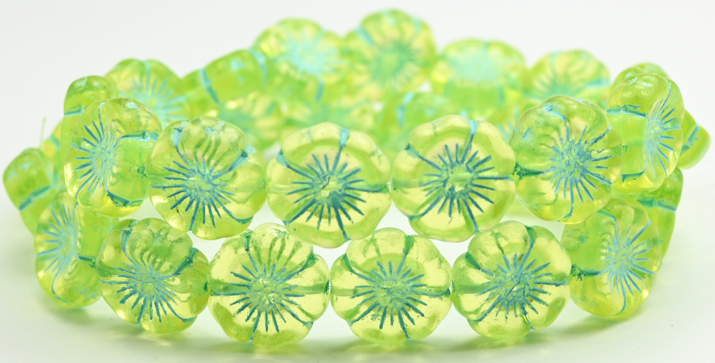 Hawaii Flower Pressed Glass Beads, Transparent Yellow Light Blue Lined (80120-54308), Glass, Czech Republic ~ STRANDED