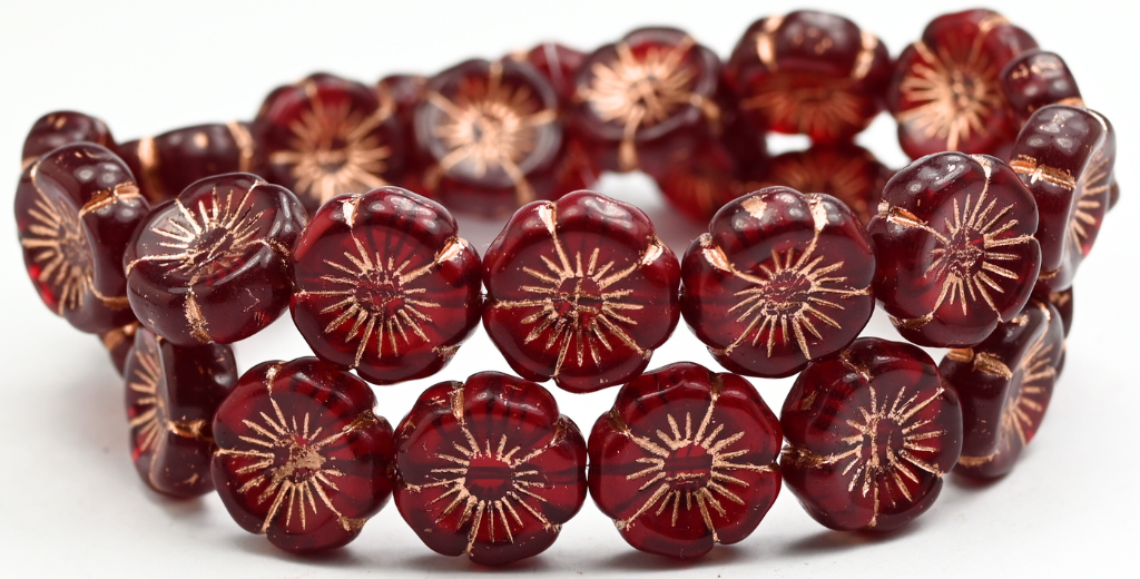 夏威夷花形压制玻璃珠，红宝石色铜衬里 (90080-54200)，玻璃，捷克共和国 ~ 串珠