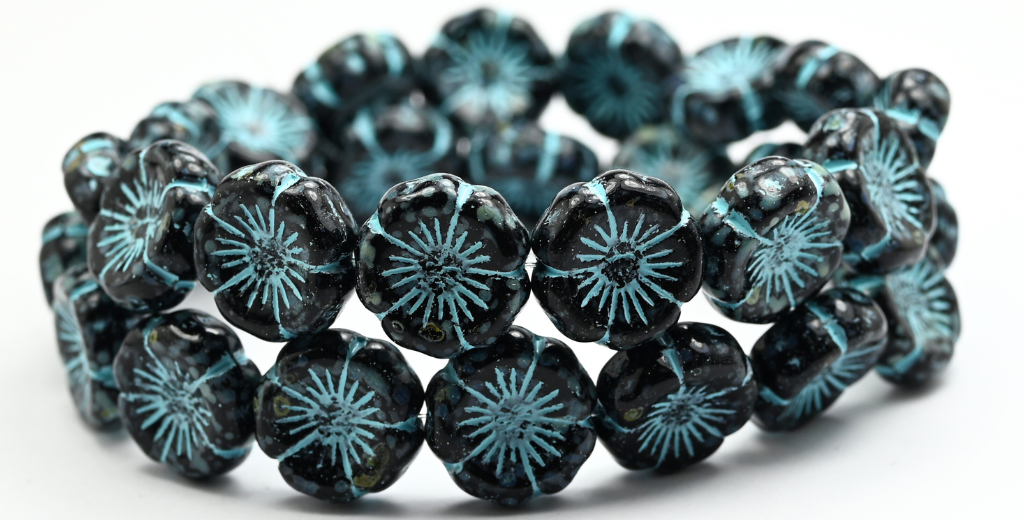 夏威夷花形压制玻璃珠，黑色石灰华浅蓝色内衬 (23980-86-54308)，玻璃，捷克共和国 ~ 串珠