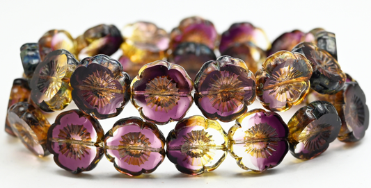 Table Cut Round Beads Hawaii Flowers, Mix Crystal Purple Picasso (27008-66800), Glass, Czech Republic ~ STRANDED