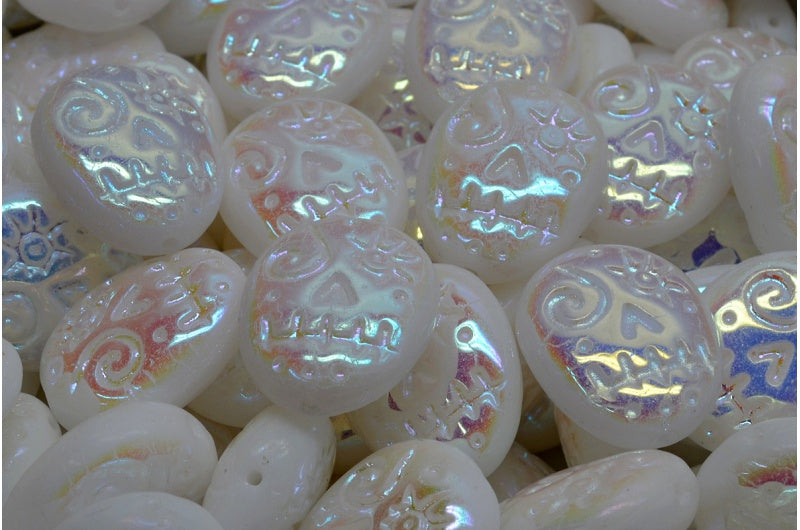 OUTLET 10  grams Woodoo Funny Face Beads, 16 x 13 mm, White Ab Full (2X Side) (02010-28703), Glass, Czech Republic