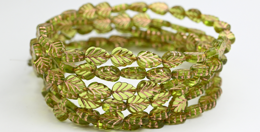 Lilac Leaf Pressed Glass Beads, Transparent Green Copper Lined (50200-54200), Glass, Czech Republic ~ STRANDED