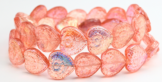 Heart With Flower Pressed Glass Beads, Crystal Light Pink Peach Ab (1817-00030-34305-AB), Glass, Czech Republic ~ STRANDED