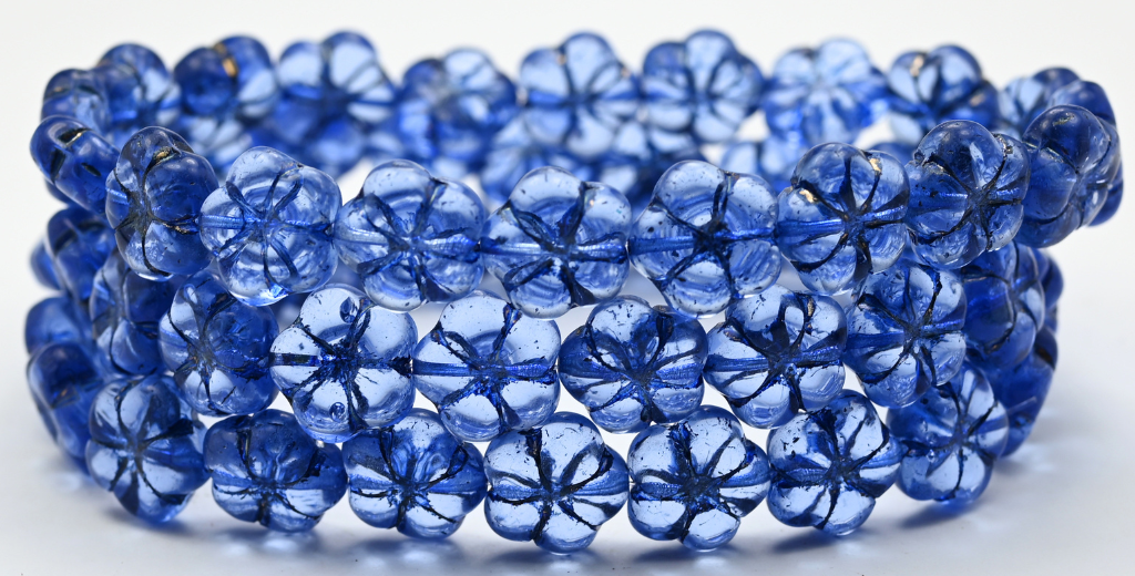 5-Petal Flower Pressed Beads, Transparent Blue 54530 (30020-54530), Glass, Czech Republic ~ STRANDED