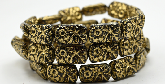 Oval Beads With Flower, Ruby Red Travertin Gold Lined (1911-90080-86-54202), Glass, Czech Republic ~ STRANDED