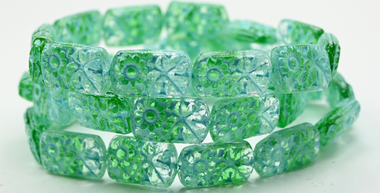 Oval Beads With Flower, 57008 Light Blue Lined (1911-57008-54308), Glass, Czech Republic ~ STRANDED