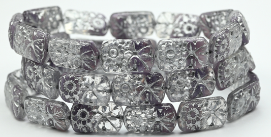 Oval Beads With Flower, Silk Purple Silver Lined (1911-26028-54201), Glass, Czech Republic ~ STRANDED