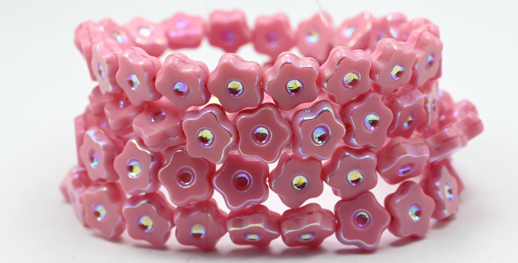 Table Cut Flower Beads With Dot, Opaque Pink Ab (74020-AB), Glass, Czech Republic ~ STRANDED