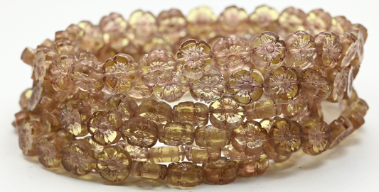 Table Cut Round Beads Hawaii Flowers, Transparent Yellow Luster Lila (80120-14494), Glass, Czech Republic ~ STRANDED