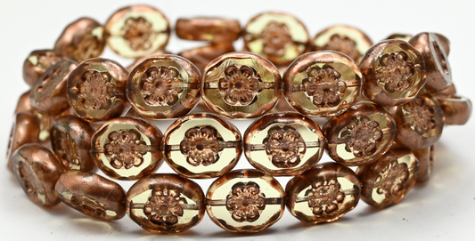 Table Cut Oval Beads With Cameo Lady'S Face, Transparent Yellow Copper Splash (80120-86750), Glass, Czech Republic ~ STRANDED