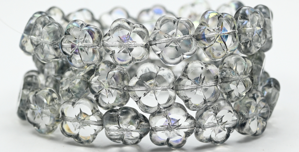 Table Cut Flower Beads, Crystal Light Gray Ab (00030-34311-AB), Glass, Czech Republic ~ STRANDED