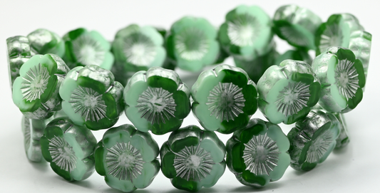 Table Cut Round Beads Hawaii Flowers, Mixed Green Silver Splash (515402010-86700), Glass, Czech Republic ~ STRANDED