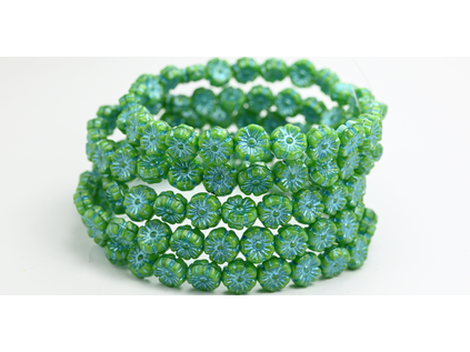 OUTLET 10 grams Hawaiian Flower Beads, 8 x 8 mm, Green Blue Lined (53420-54323), Glass, Czech Republic