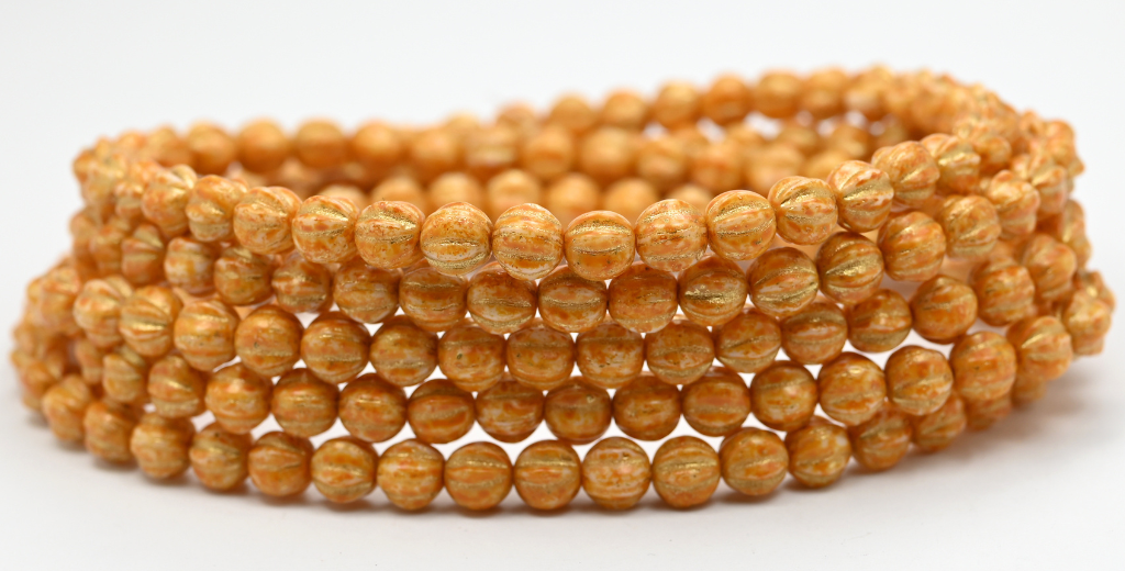 瓜形压制玻璃珠，带条纹，白橙斑点金线 (02010-33302-54202)，玻璃，捷克共和国 ~ 串