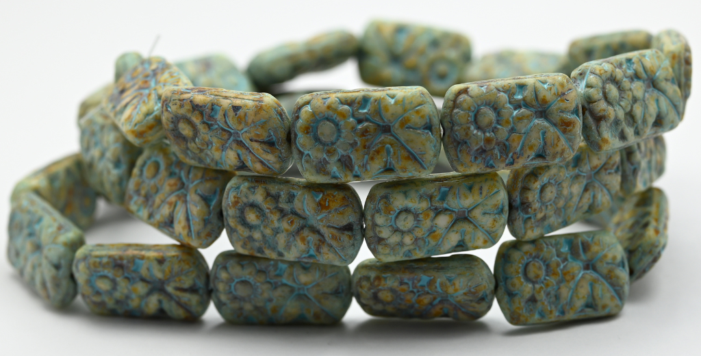 Oval Beads With Flower, White Travertin Light Blue Lined (1911-02010-86-54308), Glass, Czech Republic ~ STRANDED