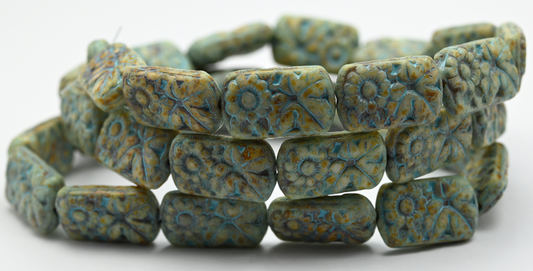 Oval Beads With Flower, White Travertin Light Blue Lined (1911-02010-86-54308), Glass, Czech Republic ~ STRANDED