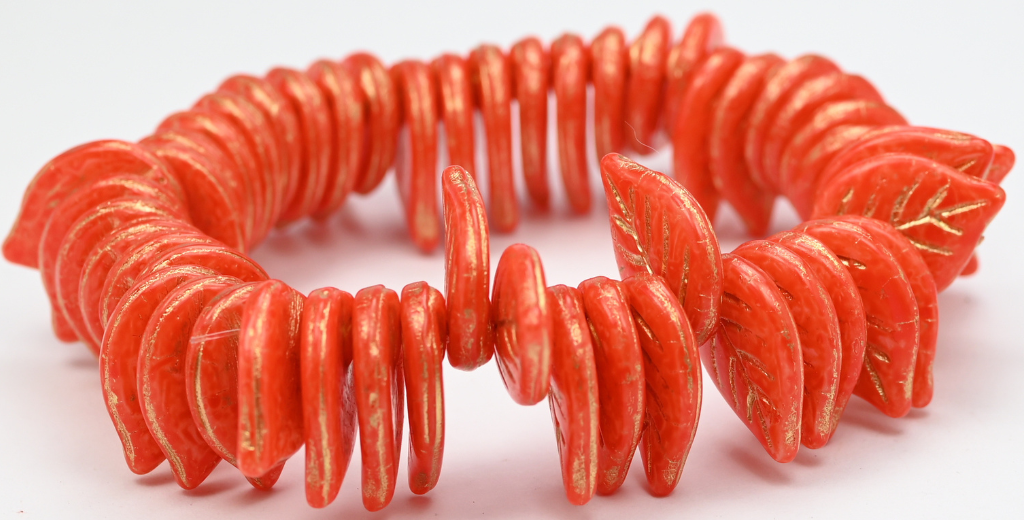 Leaf Pressed Glass Beads, White Orange Spotted Gold Lined (02010-33302-54202), Glass, Czech Republic ~ STRANDED
