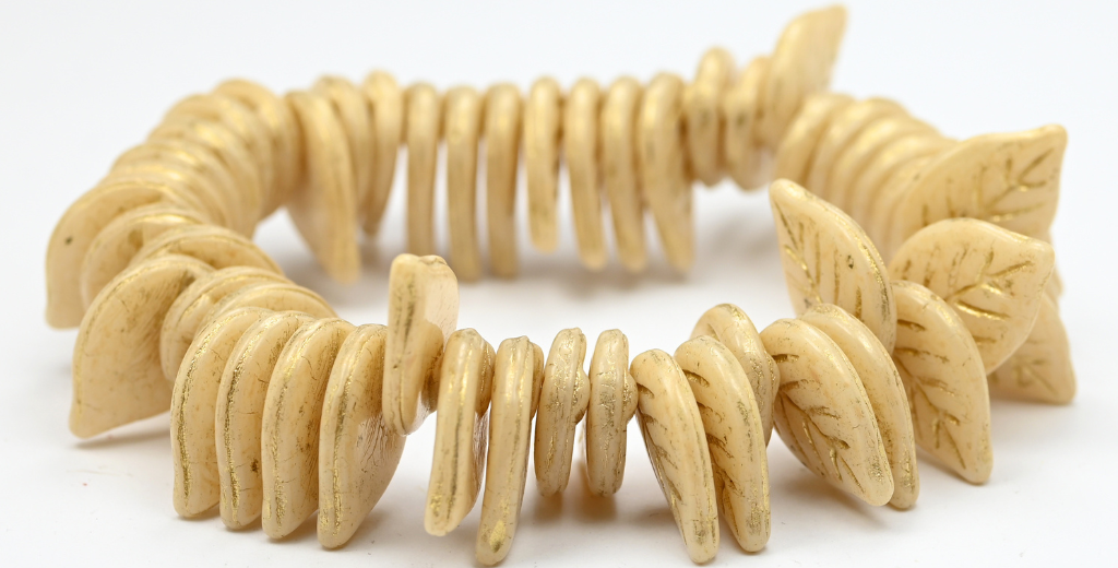Leaf Pressed Glass Beads, White Beige Travertin Spotted Gold Lined (02010-33301-54202), Glass, Czech Republic ~ STRANDED