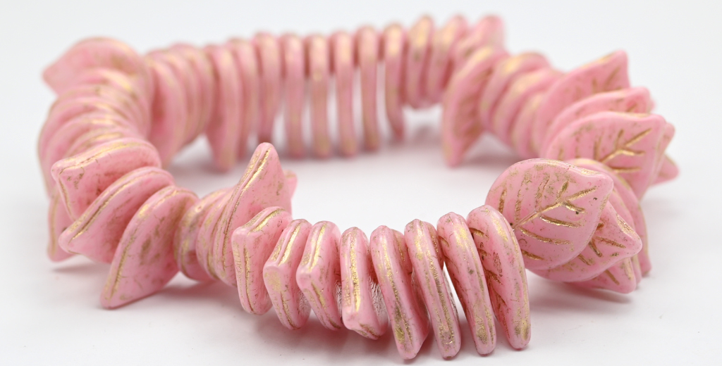 Leaf Pressed Glass Beads, White Warm Purple Spotted Gold Lined (02010-33304-54202), Glass, Czech Republic ~ STRANDED