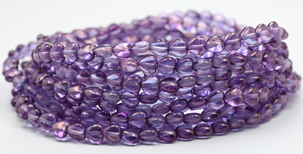 Heart Pressed Glass Beads, Crystal Luster Lila (6-00030-14494), Glass, Czech Republic ~ STRANDED