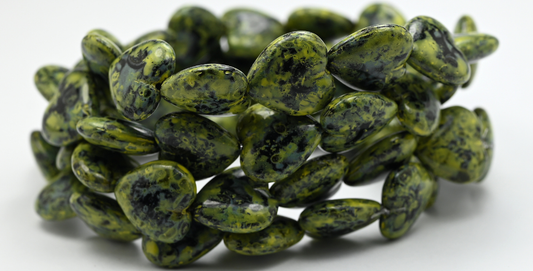 Heart Pressed Glass Beads, Black Travertin Beige Yellow Spotted (1615-23980-86-33303), Glass, Czech Republic ~ STRANDED