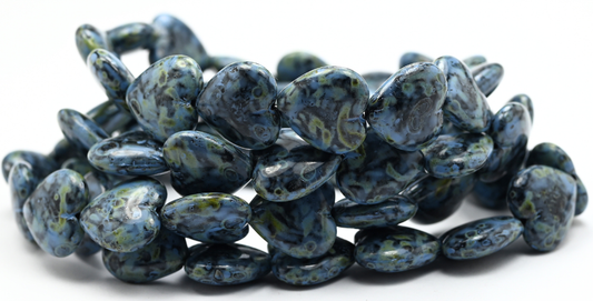 Heart Pressed Glass Beads, Black Travertin Blue Spotted (1615-23980-86-33308), Glass, Czech Republic ~ STRANDED
