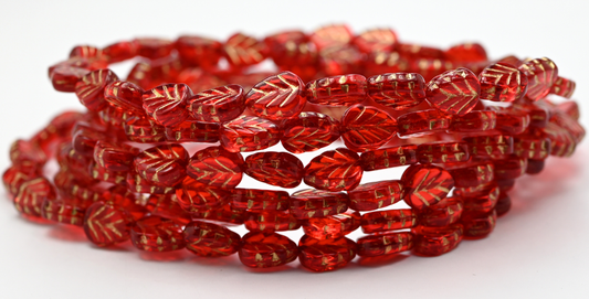 Lilac Leaf Pressed Glass Beads, Ruby Red Gold Lined (90080-54202), Glass, Czech Republic ~ STRANDED