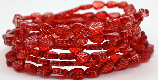 Lilac Leaf Pressed Glass Beads, Ruby Red Copper Lined (90080-54200), Glass, Czech Republic ~ STRANDED