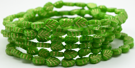 Lilac Leaf Pressed Glass Beads, White Green Spotted Gold Lined (02010-33311-54202), Glass, Czech Republic ~ STRANDED