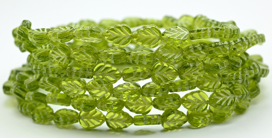 Lilac Leaf Pressed Glass Beads, Transparent Green Beige Lined (50200-54311), Glass, Czech Republic ~ STRANDED