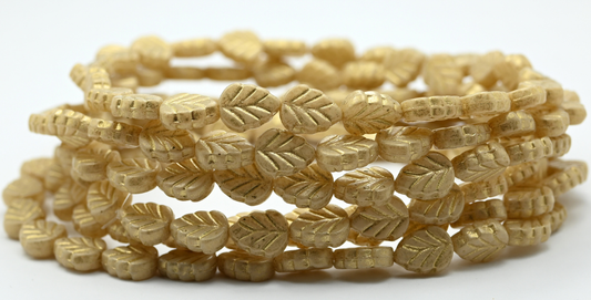 Lilac Leaf Pressed Glass Beads, White Beige Travertin Spotted Gold Lined (02010-33301-54202), Glass, Czech Republic ~ STRANDED