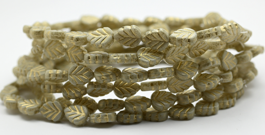 Lilac Leaf Pressed Glass Beads, White Beige Spotted Gold Lined (02010-33312-54202), Glass, Czech Republic ~ STRANDED