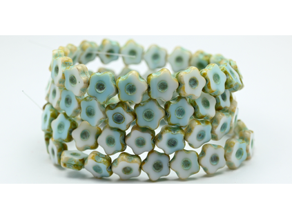 OUTLET 10 grams Table Cut Flower Beads With Dot, 11 x 11 mm, Blue White Light Blue Lined (07624-54308), Glass, Czech Republic