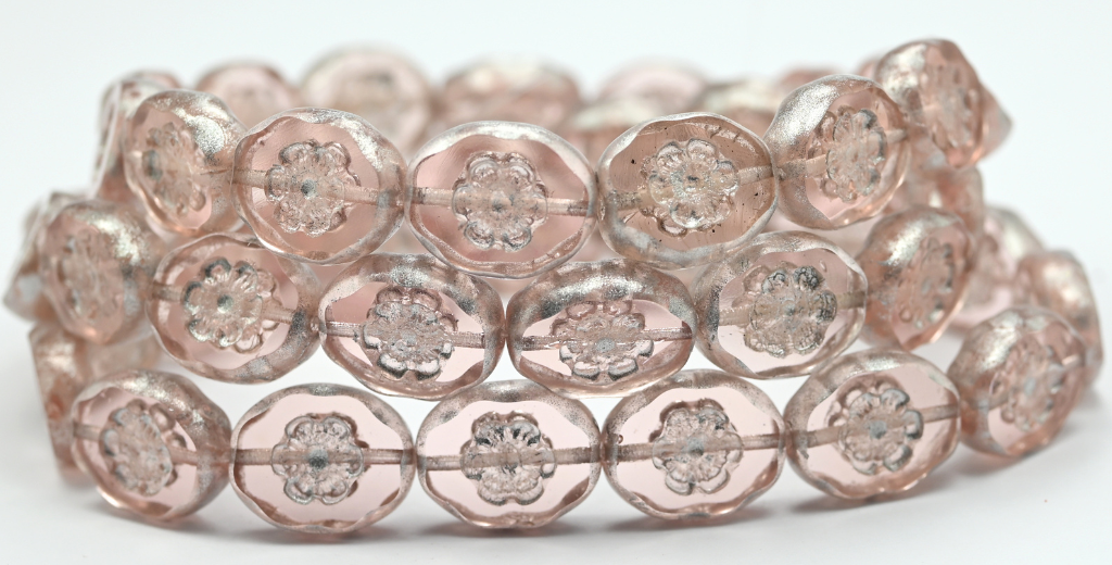 Table Cut Oval Beads With Flower, Transparent Pink Silver Gray (70110-34301), Glass, Czech Republic ~ STRANDED
