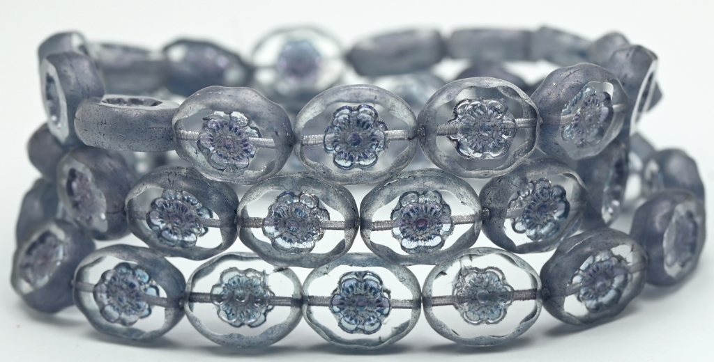 Table Cut Oval Beads With Flower, Crystal Luster Blue Full Coated (00030-14464), Glass, Czech Republic ~ STRANDED