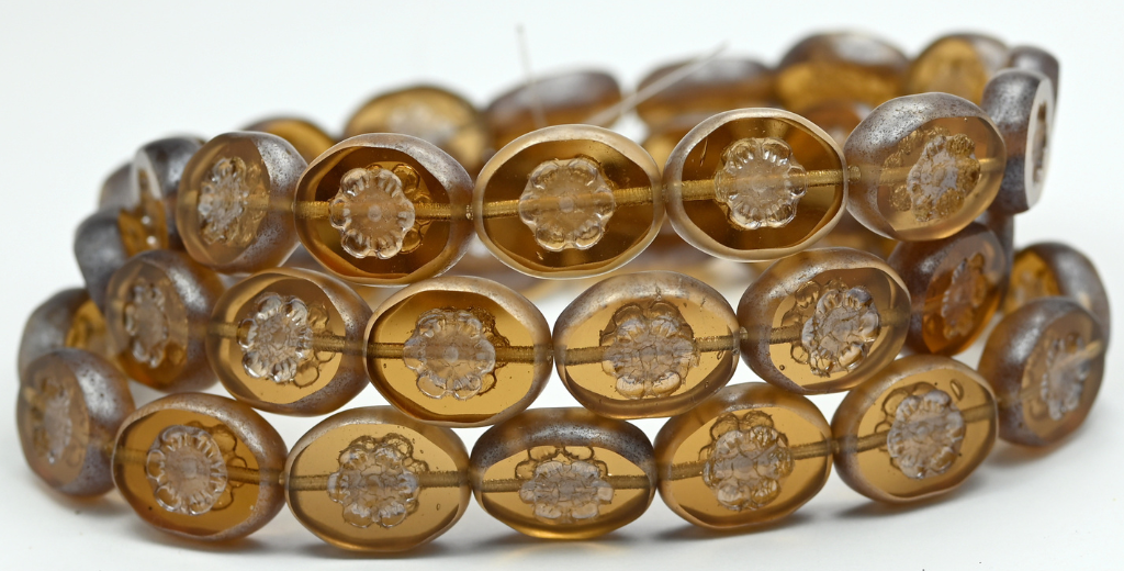 Table Cut Oval Beads With Flower, Transparent Brown Hematite (10200-14400), Glass, Czech Republic ~ STRANDED