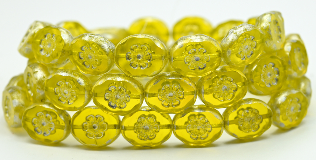 Table Cut Oval Beads With Flower, Transparent Yellow Silver Gray (80030-34301), Glass, Czech Republic ~ STRANDED