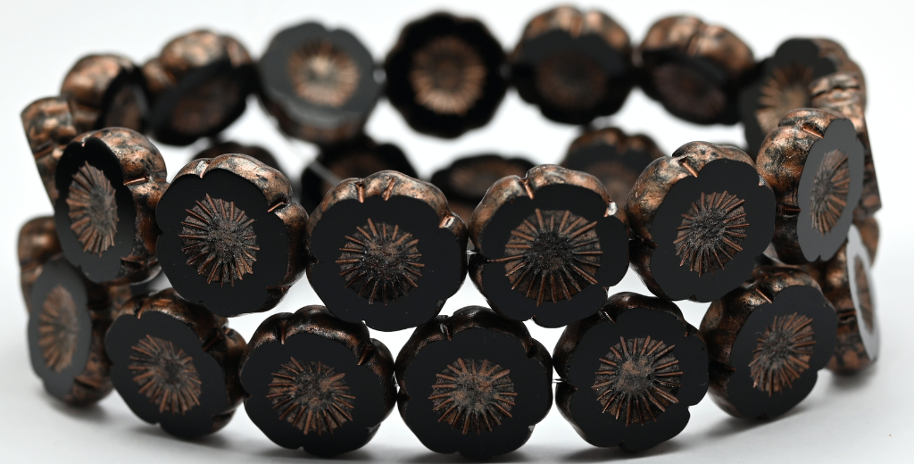 Table Cut Round Beads Hawaii Flowers, Black Copper Splash (23980-86750), Glass, Czech Republic ~ STRANDED