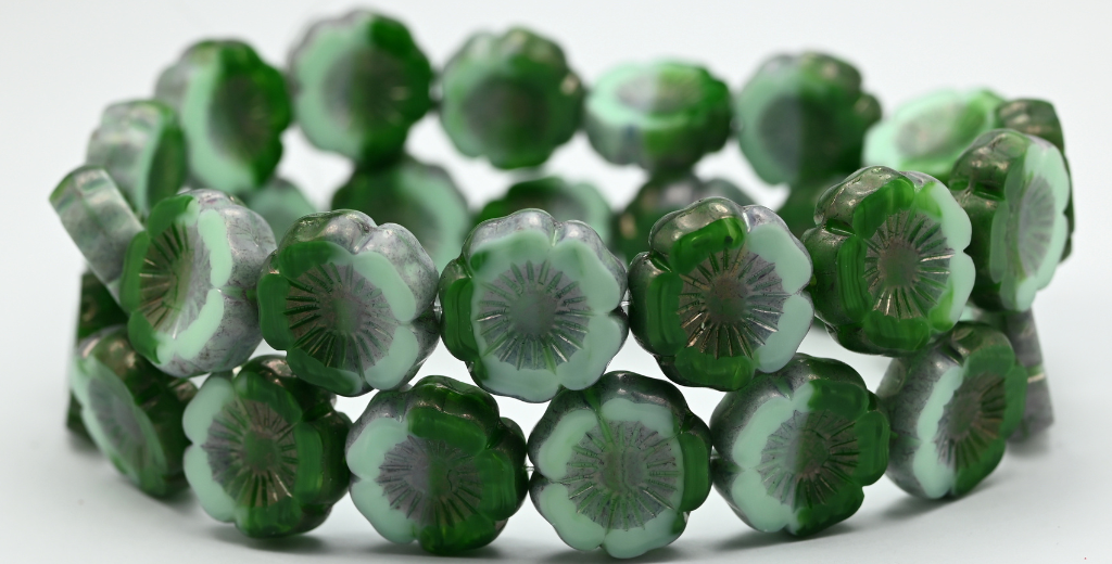 Table Cut Round Beads Hawaii Flowers, Mixed Green Luster Lila (51540201-14494), Glass, Czech Republic ~ STRANDED