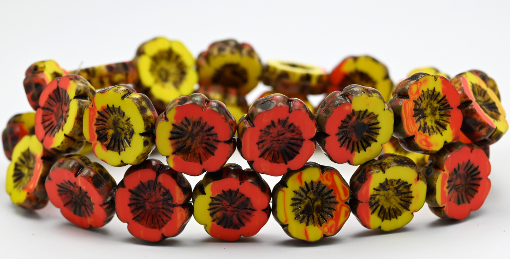 Table Cut Round Beads Hawaii Flowers, Mixed Yellow Red Opaque Travertin (93148312-86800), Glass, Czech Republic ~ STRANDED