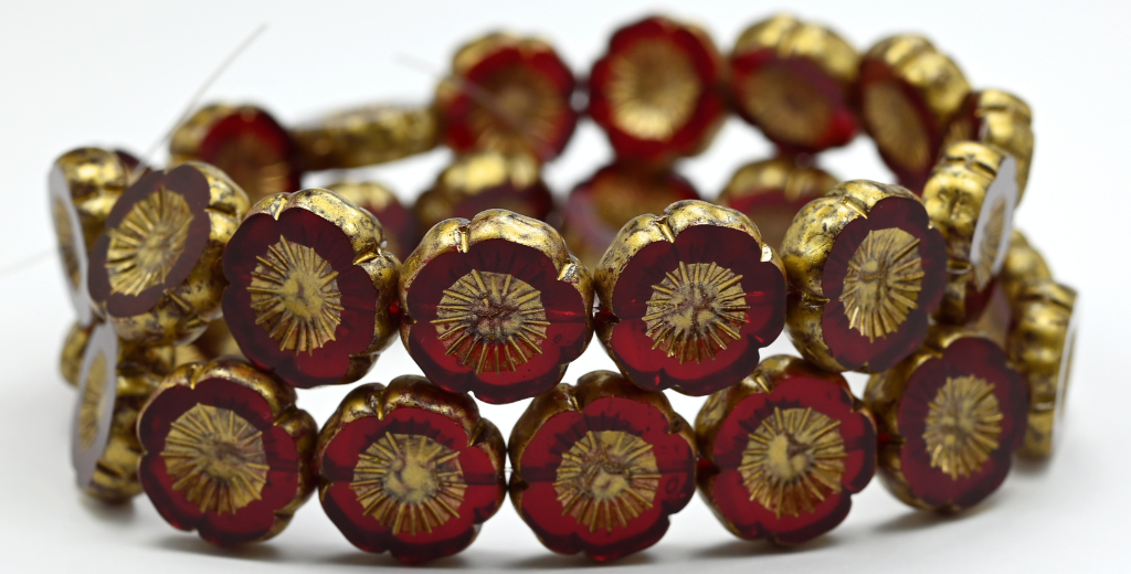 Table Cut Round Beads Hawaii Flowers, Ruby Red Gold Splash (90080-86720), Glass, Czech Republic ~ STRANDED